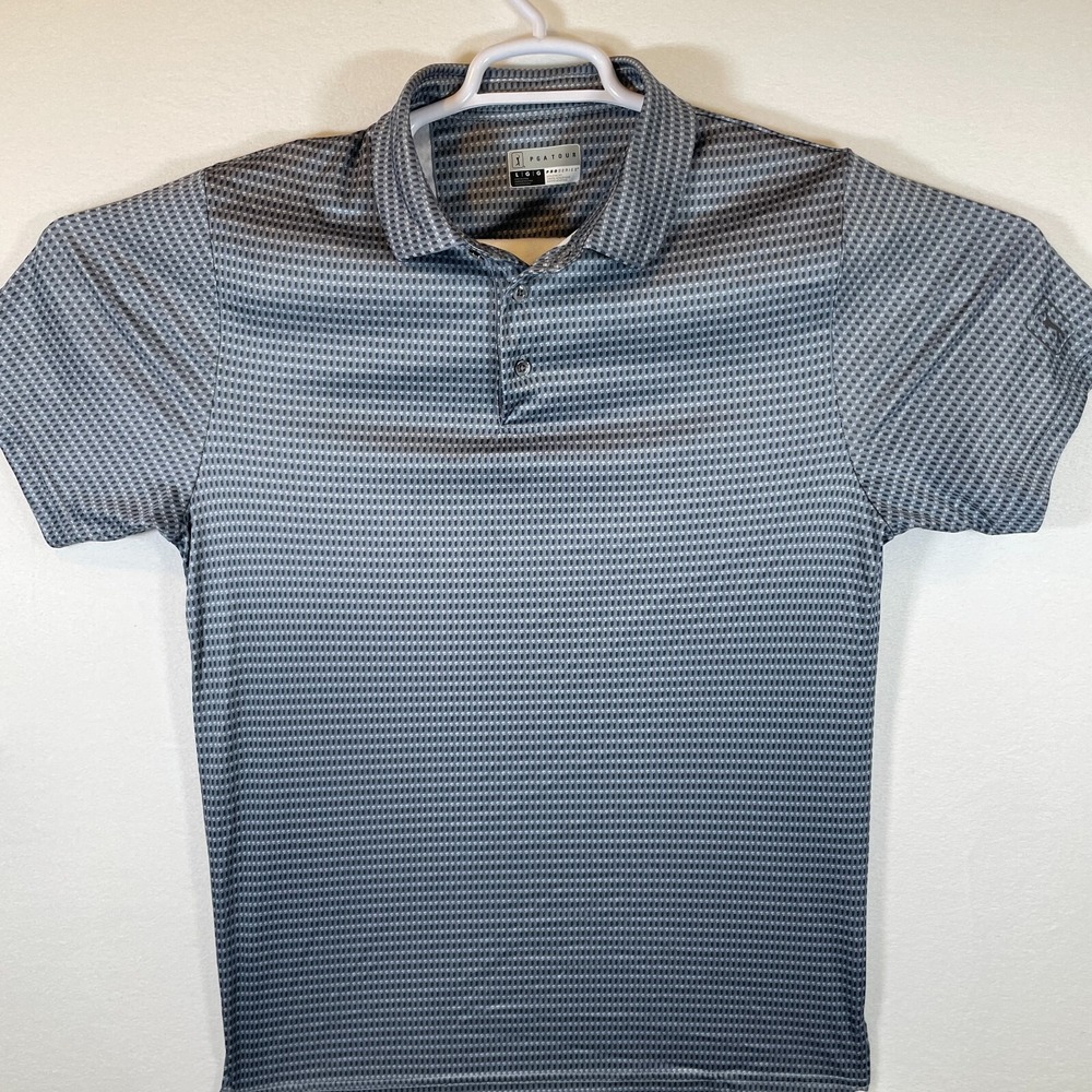 PGA Tour Polo Shirt Men L Gray Golf Bag Patterned Active Short Sleeve